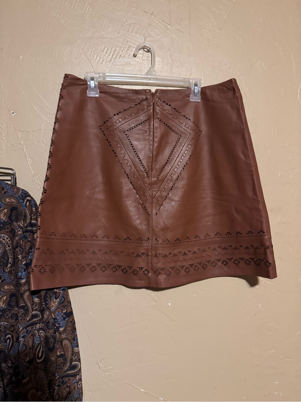 White House Black Market Brown Faux Leather Mini Skirt with Laser-Cut Detail